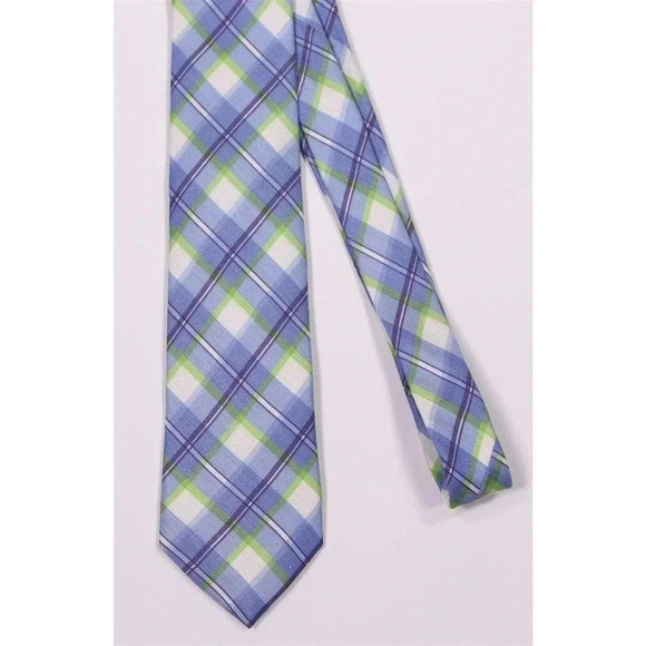 Phineas Cole Light Blue/Lime Green Plaid Check 100% Cotton Slim Necktie Tie - Picture 3 of 6